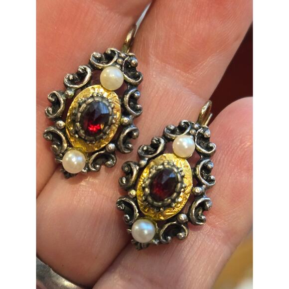 1900s German Red Pyrope Garnet, 585 GOLD, 800 Silver, Pearl Biedermeier Earrings - Picture 5 of 10